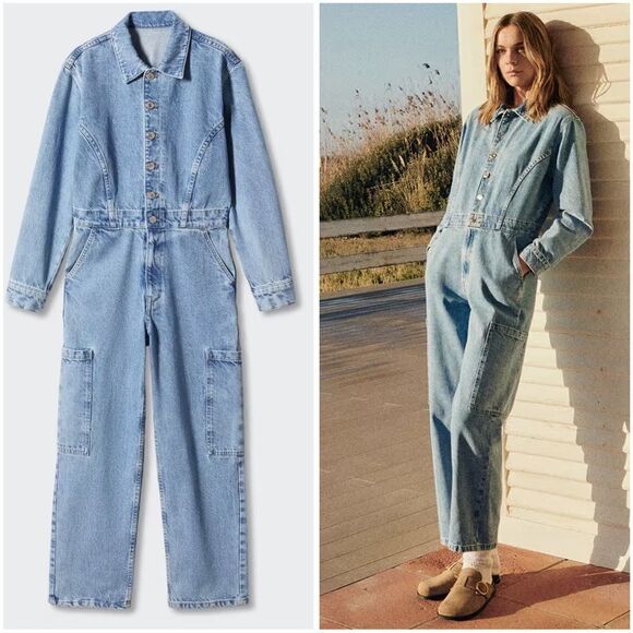 Mango Denim Jumpsuit With Cargo Pockets - Picture 1 of 10